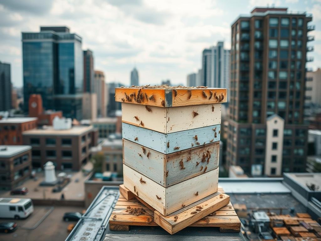 Immagine di un'arnia su un tetto cittadino