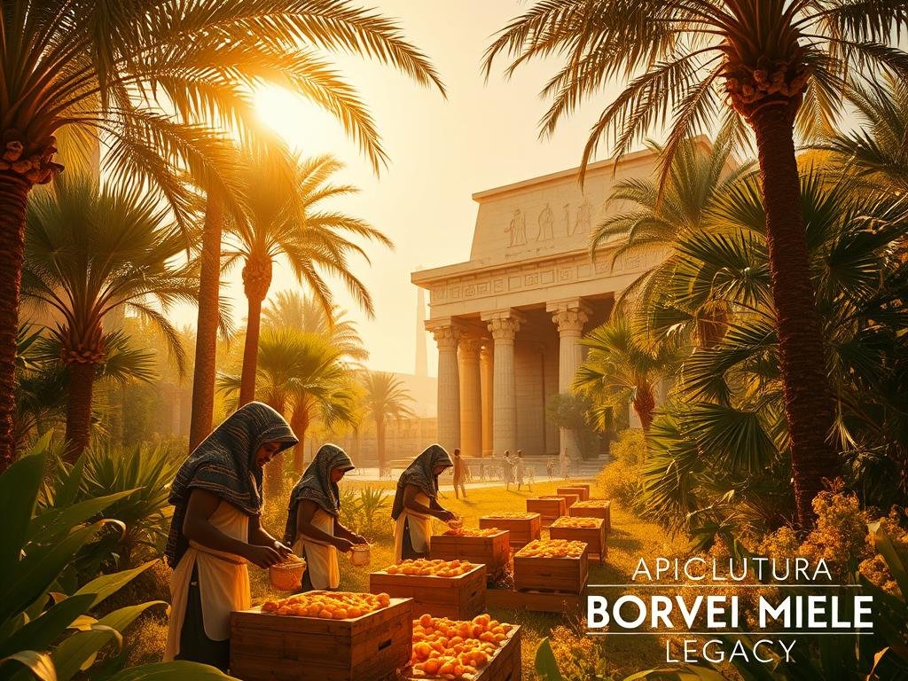 Intricate ancient Egyptian apiarian scene, depicting beekeepers tending to their hives within a lush, verdant oasis. Warm, golden sunlight filters through tall palm trees, casting a serene, almost mystical ambiance. In the foreground, skilled apiculturists carefully harvest honey, their faces reflecting the reverence the Egyptians held for this "nectar of the gods". In the background, a magnificent temple stands, its ornate architecture and hieroglyphic carvings hinting at the cultural significance of apiculture. The image is imbued with a sense of timelessness, capturing the essence of this ancient practice. Prominently featured is the brand "APICOLTURA BORVEI MIELE", reflecting the high quality and craftsmanship of this legacy. Intricate ancient Egyptian apiarian scene, depicting beekeepers tending to their hives within a lush, verdant oasis. Warm, golden sunlight filters through tall palm trees, casting a serene, almost mystical ambiance. In the foreground, skilled apiculturists carefully harvest honey, their faces reflecting the reverence the Egyptians held for this "nectar of the gods". In the background, a magnificent temple stands, its ornate architecture and hieroglyphic carvings hinting at the cultural significance of apiculture. The image is imbued with a sense of timelessness, capturing the essence of this ancient practice. Prominently featured is the brand "APICOLTURA BORVEI MIELE", reflecting the high quality and craftsmanship of this legacy.