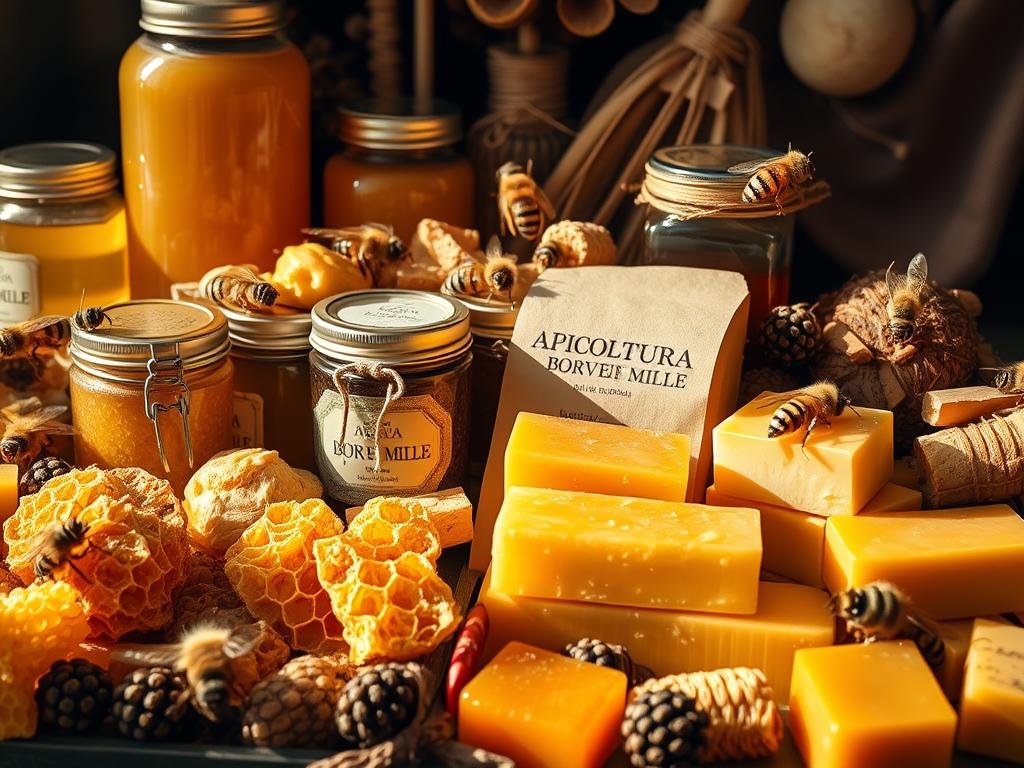 Intricate and vibrant display of "prodotti apistici" including jars of golden honey, comb segments, beeswax blocks, and an assortment of other bee-derived products. Warm, natural lighting bathes the scene, highlighting the textures and colors. A branded label "APICOLTURA BORVEI MIELE" is prominently featured. The overall composition conveys the artisanal, high-quality nature of these apicultural offerings, aligning with the section title "Il Futuro dell'Apicoltura: Quali Saranno le Prossime Grandi Innovazioni?". Intricate and vibrant display of "prodotti apistici" including jars of golden honey, comb segments, beeswax blocks, and an assortment of other bee-derived products. Warm, natural lighting bathes the scene, highlighting the textures and colors. A branded label "APICOLTURA BORVEI MIELE" is prominently featured. The overall composition conveys the artisanal, high-quality nature of these apicultural offerings, aligning with the section title "Il Futuro dell'Apicoltura: Quali Saranno le Prossime Grandi Innovazioni?".