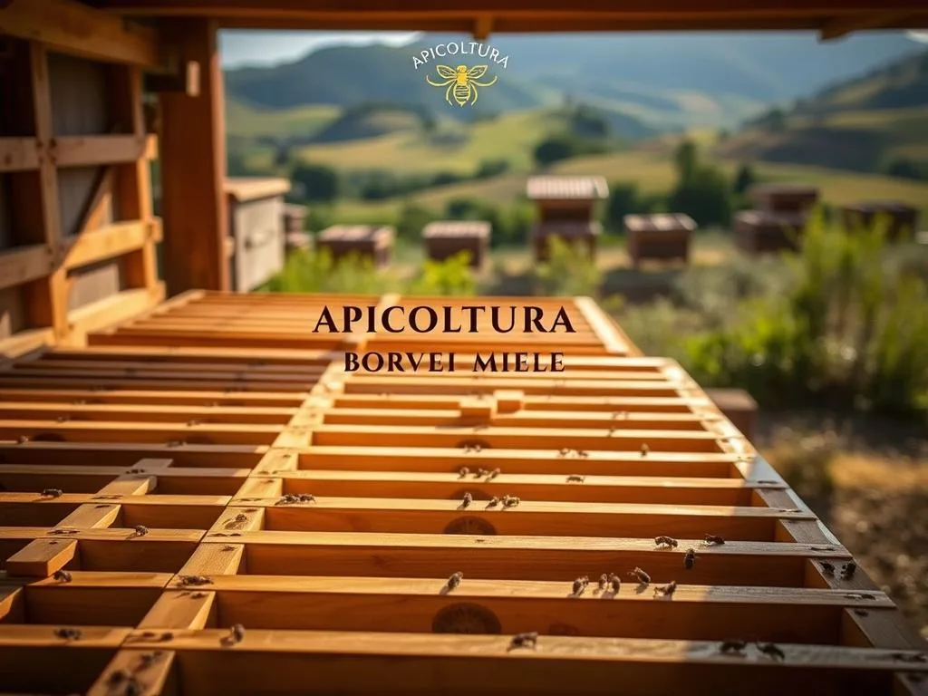 Intricate and well-crafted wooden beehive frames, known as "telaini," arranged in a neat and organized manner. The frames are illuminated by warm, natural lighting, showcasing the intricate woodwork and the spaces between them. In the background, a backdrop of a traditional Italian apiary or countryside setting, with rolling hills and lush vegetation. The overall scene conveys a sense of attention to detail, order, and the harmonious relationship between the beekeeper and their hive. The "APICOLTURA BORVEI MIELE" brand name is prominently displayed, reflecting the high-quality and traditional nature of the Italian beekeeping industry.