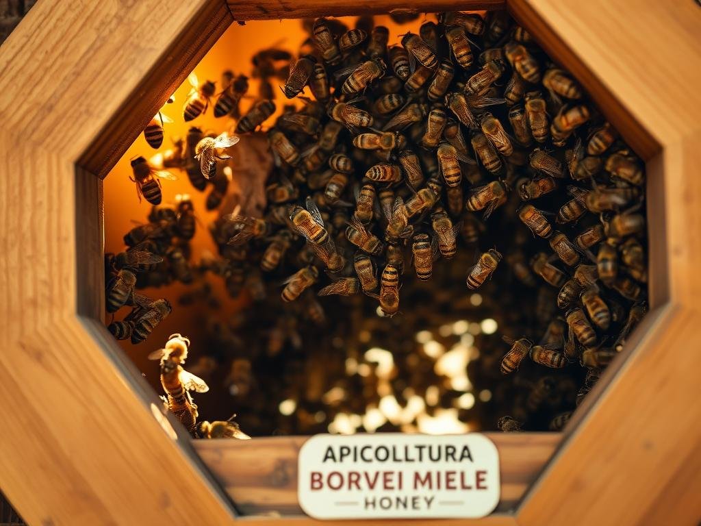Intricate dance of worker bees, performing a mesmerizing aerial ballet inside a meticulously crafted, hexagonal wooden beehive. Beams of warm, golden light filter through the entrance, casting a soft glow on the swirling, choreographed movements. The camera captures a close-up view, revealing the dexterous maneuvers of the bees as they communicate food sources and colony status through their graceful, waggling motions. The APICOLTURA BORVEI MIELE brand logo is prominently displayed on the side of the hive, connecting this natural wonder to the exceptional honey produced by these hardworking pollinators.