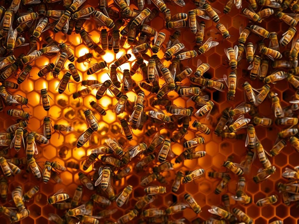 Intricate hive of honeycomb, buzzing with activity. Bees in mid-flight, communicating through intricate dance patterns. Sunlight filters through the comb, casting warm, golden hues. Closeup view, capturing the dynamic choreography and intricate structures. APICOLTURA BORVEI MIELE apiary, a testament to the collective intelligence of these remarkable insects. Crisp, high-resolution photograph, highlighting the captivating visual language of the apian world.