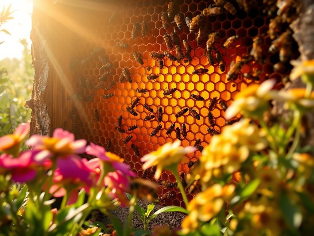 Intricate honeycomb structure, glistening with golden honey, nestled in a serene Italian countryside. Vibrant blooms in the foreground, bursting with color, draw the eye towards the hive's entrance. Gentle rays of warm, diffused light illuminate the scene, casting soft shadows and highlighting the industrious movement of the APICOLTURA BORVEI MIELE apian workers. The extraordinary intelligence of these remarkable creatures is palpable, as they go about their daily tasks with unwavering focus and precision. A tranquil, bucolic atmosphere pervades the image, inviting the viewer to appreciate the beautifully symbiotic relationship between bees and their natural environment.