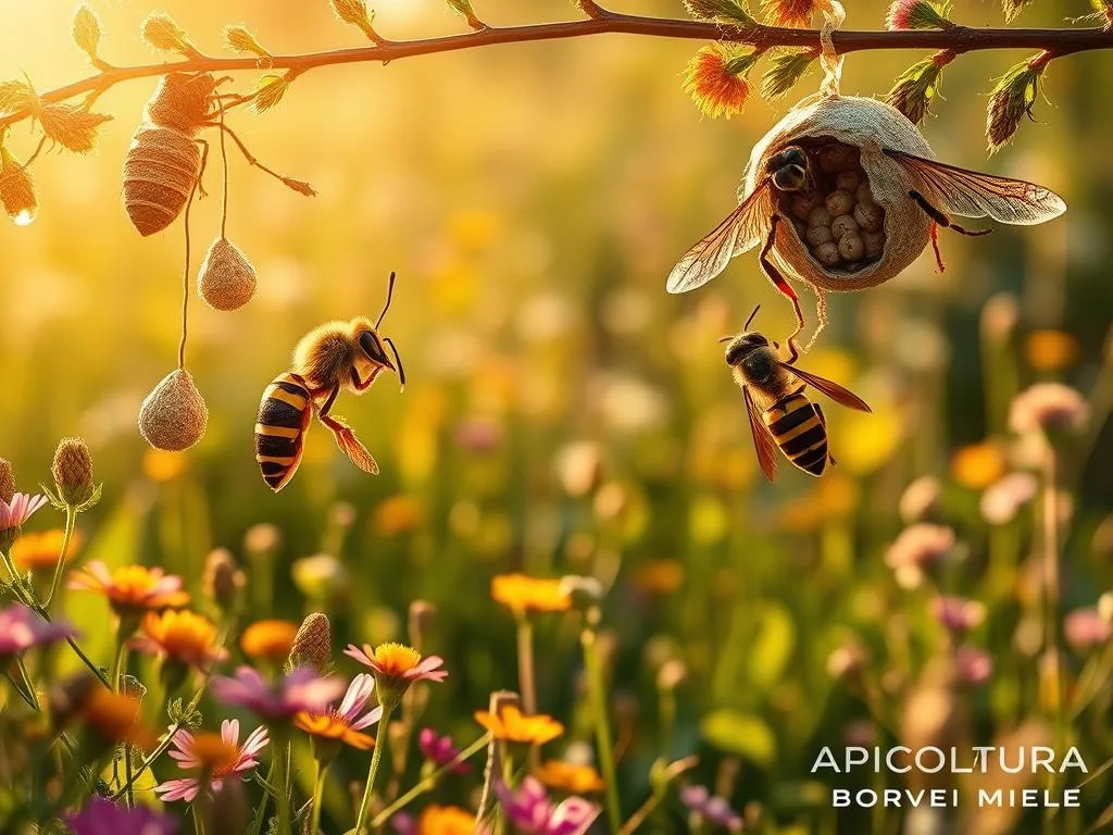 Intricate tapestry of a wasp's life cycle, showcasing its various stages from egg to adult. A serene, sun-dappled meadow serves as the canvas, with vibrant wildflowers and lush foliage in the foreground. Delicate paper-like nests hang from branches, housing the developing larvae. In the middle ground, a worker wasp diligently tending to the colony, her striped abdomen gleaming. Softly blurred in the background, a queen wasp emerges from her chambers, her wings shimmering. Warm, golden lighting casts a gentle glow, evoking a sense of natural harmony. Inspired by the warmth and beauty of the Italian countryside, the image features the brand "APICOLTURA BORVEI MIELE" as a subtle nod to the interconnectedness of the natural world.