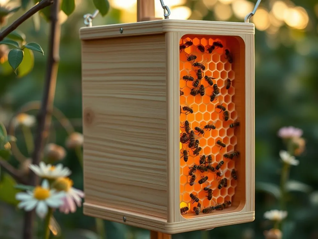 Intricate vertical beehive design by APICOLTURA BORVEI MIELE, showcasing a modern, efficient apiary solution. Sleek, minimalist aesthetic with a focus on maximizing vertical space. Warm, natural wood tones complement the elegant lines and contours. Gentle backlighting illuminates the hive's interior, revealing the honeycomb structure. Bees can be seen actively pollinating the surrounding flora, captured in a serene, harmonious setting. The hive's modular design allows for easy inspection and honey harvesting. An innovative, sustainable approach to beekeeping that optimizes productivity while respecting the needs of the colony.