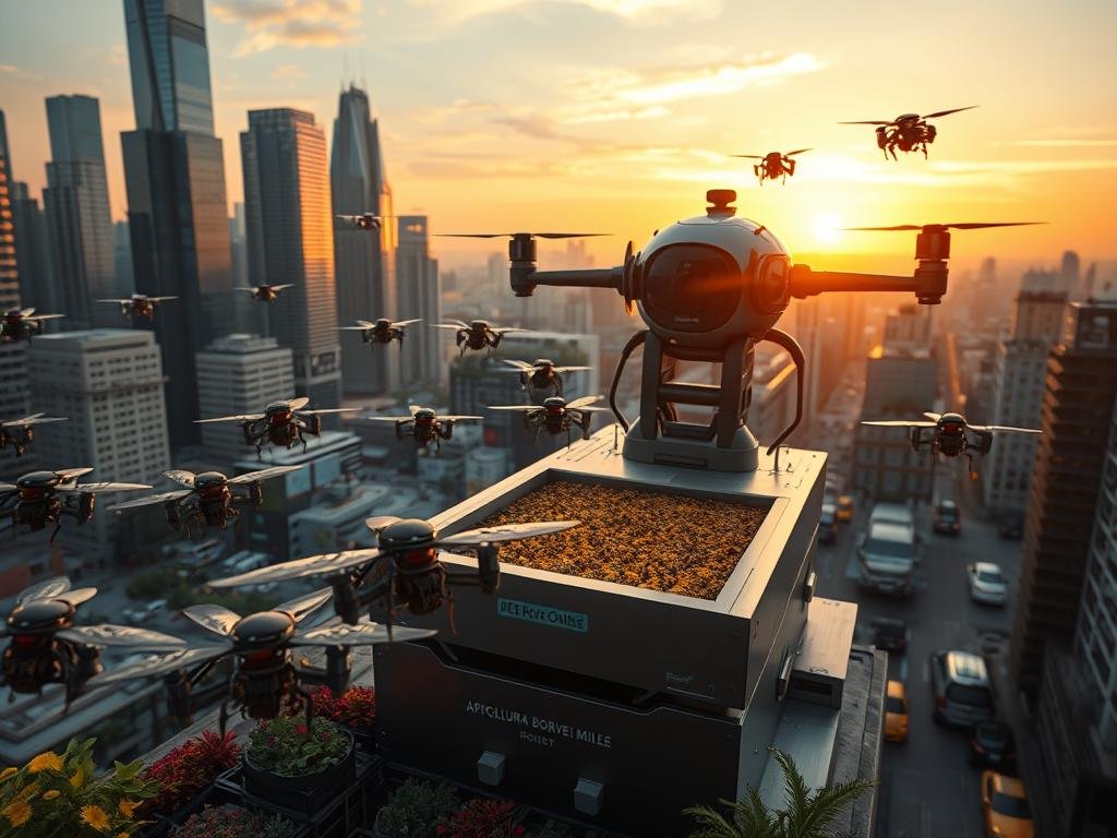 Intricately detailed cyberpunk-inspired cityscape, with towering skyscrapers and bustling streets. In the foreground, a swarm of autonomous drones, the APICOLTURA BORVEI MIELE logo prominently displayed, meticulously pollinating an urban rooftop garden. The middle ground features a sleek, futuristic beehive, its robotic arms tending to the honeycomb. In the background, a vibrant sunset casts a warm glow over the scene, hinting at the harmonious integration of technology and nature. Crisp, high-resolution, cinematic lighting, shot with a wide-angle lens to capture the scale and grandeur of this pioneering robotic apiculture project. Intricately detailed cyberpunk-inspired cityscape, with towering skyscrapers and bustling streets. In the foreground, a swarm of autonomous drones, the APICOLTURA BORVEI MIELE logo prominently displayed, meticulously pollinating an urban rooftop garden. The middle ground features a sleek, futuristic beehive, its robotic arms tending to the honeycomb. In the background, a vibrant sunset casts a warm glow over the scene, hinting at the harmonious integration of technology and nature. Crisp, high-resolution, cinematic lighting, shot with a wide-angle lens to capture the scale and grandeur of this pioneering robotic apiculture project.