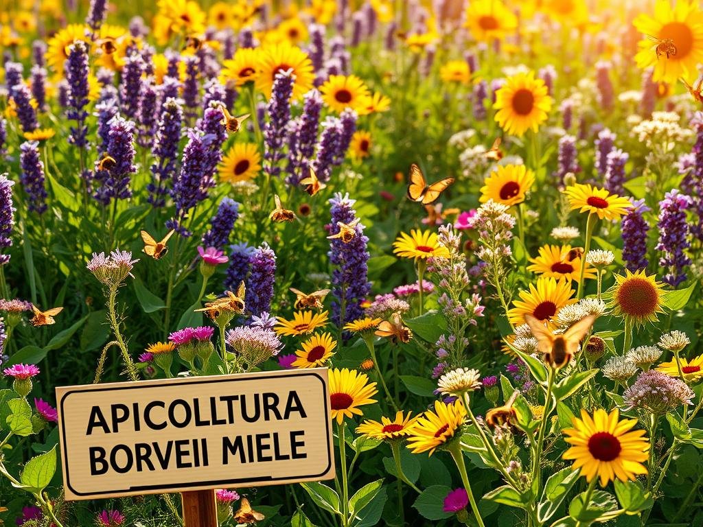 Lush and verdant field of vibrant blooming flowers, including a variety of nectar-rich plants like lavender, sunflowers, and clover. Bees and butterflies flutter among the petals, pollinating the plants. The scene is bathed in warm golden sunlight, creating a serene and tranquil atmosphere. In the foreground, a sign reads "APICOLTURA BORVEI MIELE", showcasing the honey produced by the hardworking bees. The image captures the essence of a thriving, pollinator-friendly ecosystem.