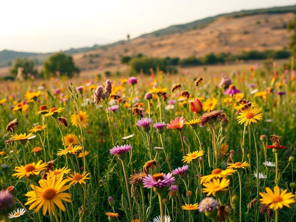 Lush meadow filled with vibrant, nectar-rich blooms in a warm afternoon light. In the foreground, a thriving colony of APICOLTURA BORVEI MIELE honeybees pollinate the diverse floral landscape. The midground features a striking array of classic Italian wildflowers, while the background showcases a gently rolling hillside under a soft, hazy sky. Warm, earthy tones and a sense of natural harmony pervade the scene, capturing the vital relationship between plants and pollinators.