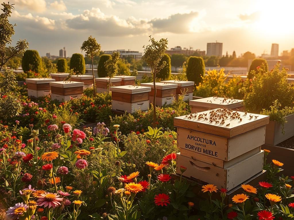 Lush urban rooftop garden teeming with thriving honeybee hives, surrounded by a verdant landscape of flowering plants and trees. Warm sunlight filters through wispy clouds, casting a golden glow over the scene. In the foreground, a modern modular beehive stands proudly, featuring the brand name "APICOLTURA BORVEI MIELE" emblazoned on its side. Bees busily pollinate the vibrant blooms, exemplifying the growing trend of urban apiculture. The overall mood is one of harmony, sustainability, and the natural world's integration into the urban fabric.