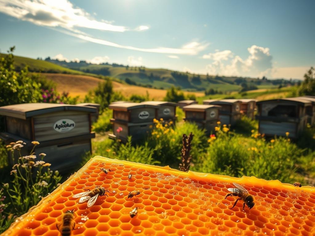 Lush, verdant apiary nestled in a sun-dappled Italian countryside. Rows of traditional wooden beehives, adorned with the "Apicoltura" brand, sit amidst a tapestry of wildflowers and rolling hills. Warm, golden light filters through wispy clouds, casting a serene glow over the scene. In the foreground, a close-up view showcases the intricate patterns and textures of a single honeycomb, a testament to the industrious nature of the buzzing inhabitants. The overall composition evokes a sense of harmony between man and nature, perfectly capturing the essence of the "La Scelta del Luogo Ideale per gli Alveari" section.