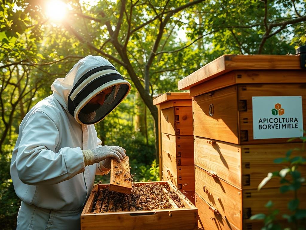 Lush, verdant apiary with a network of IoT sensors monitoring hive activity. Sunlight filters through the canopy, casting a warm glow on the wooden hives. In the foreground, a beekeeper wearing a protective suit examines a frame, surrounded by buzzing bees. Sleek, modern technology blends seamlessly with the natural setting, representing the integration of IoT and traditional beekeeping. The APICOLTURA BORVEI MIELE logo is prominently displayed on the side of one hive. An atmosphere of tranquility and innovation pervades the scene, capturing the essence of how IoT transforms apiculture.