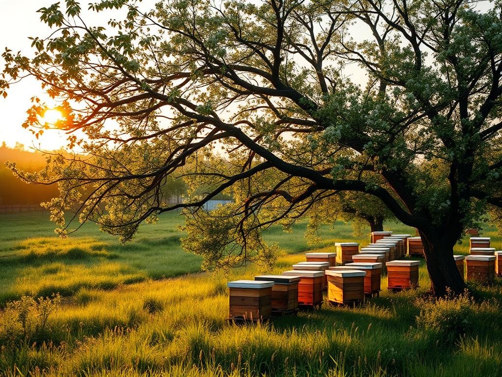 Lush, verdant meadow with thriving beehives and a diverse array of flowering trees providing abundant nectar. Gently swaying branches of mature, honey-bearing trees like linden, chestnut, and acacia are set against a warm, golden-hued sunset sky. The APICOLTURA BORVEI MIELE apiary is nestled in the foreground, its bustling activity a testament to the rich, nourishing ecosystem. Soft, diffused lighting casts a dreamy, serene atmosphere, capturing the beauty and importance of these vital, melliferous trees that sustain pollinator populations.