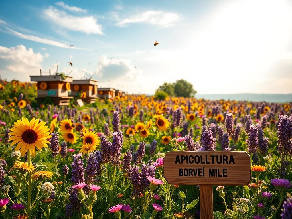 Lush, vibrant field of nectar-rich flowers in the Italian countryside. Buzzing hives of hardworking honeybees pollinate a diverse array of blossoms, including lavender, sunflowers, and clover. Warm, golden sunlight filters through wispy clouds, casting a serene glow over the scene. In the foreground, a small wooden sign reads "APICOLTURA BORVEI MIELE", highlighting the artisanal honey production. The overall atmosphere evokes the importance of these melliferous plants and the essential role they play in the local ecosystem.