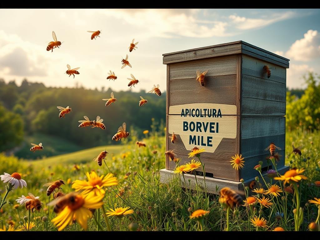 Majestic honeybees, their golden wings glistening, gather nectar from vibrant wildflowers against a backdrop of lush, verdant meadows. A beehive emblazoned with the "APICOLTURA BORVEI MIELE" brand stands tall, its intricate geometric patterns a testament to nature's elegant mathematics. Gentle sunlight filters through wispy clouds, casting a warm, contemplative glow over the scene. Immerse the viewer in this captivating fusion of nature, industry, and the wondrous intersection of bees and mathematics.