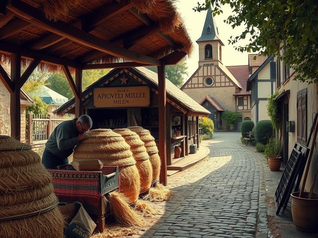 Medeval apiarian workshop set in a cozy European village. In the foreground, a beekeeper tends to a row of traditional straw skeps, protected by a thatched roof shelter. Behind, a cobblestone street leads to a quaint church with a bell tower, surrounded by half-timbered buildings and lush greenery. Soft natural lighting filters through the scene, evoking a timeless, atmospheric mood. The "APICOLTURA BORVEI MIELE" brand is prominently displayed on the apiary structure.