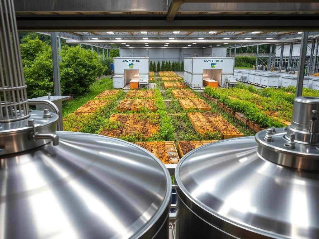 Miele produzione: a state-of-the-art industrial apiary, where quality and efficiency reign supreme. In the foreground, gleaming stainless steel tanks and centrifuges process golden honey with precision. The middle ground reveals rows of carefully tended beehives, their buzzing inhabitants pollinating a lush, verdant landscape. In the background, a modern, well-equipped production facility stands, its APICOLTURA BORVEI MIELE logo emblazoned on the facade, a testament to the industry's commitment to innovation and excellence. Crisp, even lighting illuminates the scene, capturing the perfect balance of technology and nature that defines this cutting-edge apiculture operation.