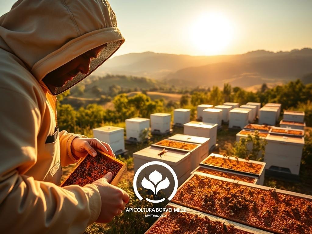 Monitoraggio api: a hive of activity, buzzing with the industrious work of honeybees. A serene apiary set against a warm, sun-dappled landscape, the APICOLTURA BORVEI MIELE logo prominently displayed. In the foreground, a beekeeper examines a honeycomb, carefully tracking the colony's health and productivity. The middle ground showcases an array of modern, sleek beehives, leveraging technology to optimize honey production. In the background, rolling hills and verdant foliage create a tranquil, pastoral scene, evoking the harmony between nature and modern apiculture. Soft, golden lighting casts a gentle glow, capturing the timeless essence of beekeeping while hinting at the digital tools transforming this centuries-old craft.