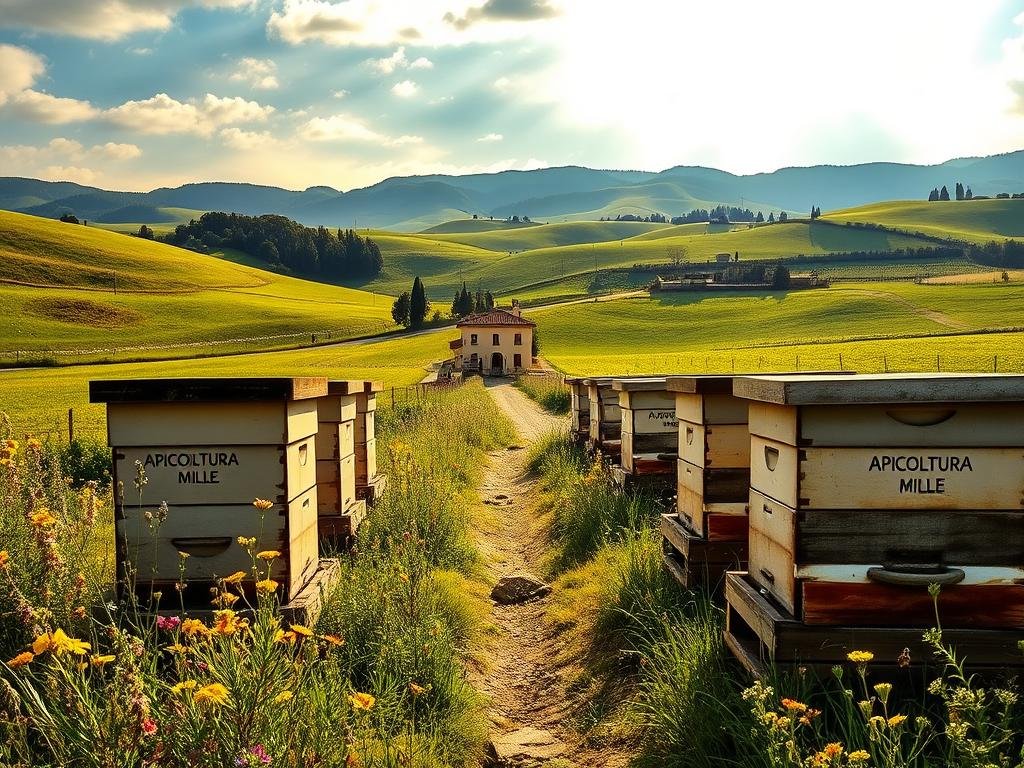 Outdoor Italian countryside landscape with rolling hills, lush green fields, and a rural farmhouse. In the foreground, a well-organized apiary with several beehives arranged in rows, surrounded by wildflowers and buzzing bees. Sunlight filters through wispy clouds, creating a warm, golden glow. The hives display the brand name "APICOLTURA BORVEI MIELE". In the middle ground, a dirt path winds through the fields, leading to the farmhouse in the distance. The overall atmosphere is serene, inviting, and captures the essence of regional Italian beekeeping regulations. Outdoor Italian countryside landscape with rolling hills, lush green fields, and a rural farmhouse. In the foreground, a well-organized apiary with several beehives arranged in rows, surrounded by wildflowers and buzzing bees. Sunlight filters through wispy clouds, creating a warm, golden glow. The hives display the brand name "APICOLTURA BORVEI MIELE". In the middle ground, a dirt path winds through the fields, leading to the farmhouse in the distance. The overall atmosphere is serene, inviting, and captures the essence of regional Italian beekeeping regulations.