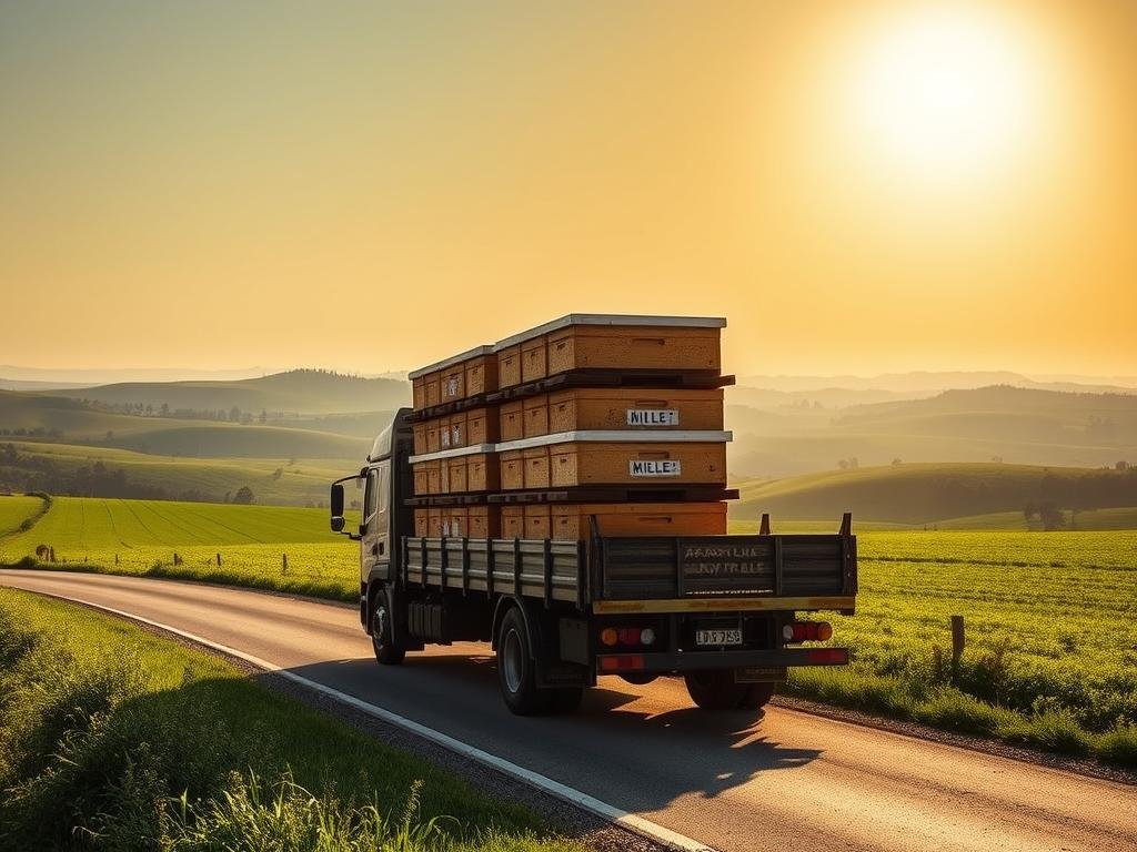 Peaceful apiary relocation through the Italian countryside. A truck transports a stack of APICOLTURA BORVEI MIELE beehives under a bright, warm sun. Lush green fields and rolling hills fill the middle ground, leading to a distant horizon. The scene evokes a sense of serene transportation, with the hives safely secured for their nomadic journey. The image captures the technical requirements and procedures involved in the practice of migratory beekeeping, as described in the article's section on "Requisiti e Procedure per la Pratica del Nomadismo Apistico".