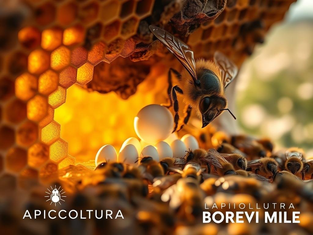 Photographic image of a regal-looking honey bee queen, delicately depositing her shimmering white eggs within the intricate honeycomb structure of her hive. Soft natural lighting filters through the hive entrance, casting a warm, golden glow on the scene. The worker bees in the middle ground busily tend to their duties, while the background fades into a blurred, dreamy landscape of flowering Italian meadows. The image prominently features the "APICOLTURA BORVEI MIELE" branding, capturing the essence of the "La Fase dell'Uovo: L'Inizio della Vita" section of the article "La Metamorfosi delle Api: Come Avviene il Loro Sviluppo Completo."