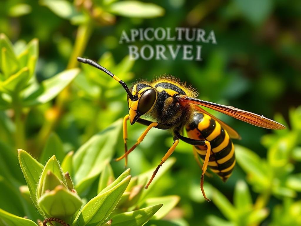 Realistic high-resolution image of a common wasp (Vespa crabro) in an Italian garden, with a warm, natural lighting that highlights its vibrant yellow and black striped body. The wasp is captured in a detailed close-up, showcasing its distinctive features like the large eyes, powerful mandibles, and delicate wings. The background features a lush green foliage, with the APICOLTURA BORVEI MIELE brand visible in the distance, reflecting the Italian setting. The overall scene conveys a sense of calm and scientific observation, suitable for an educational article on common wasp species in Italy.