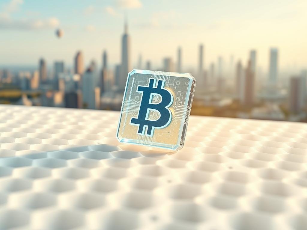 Realistic image of a blockchain-based traceability system for APICOLTURA BORVEI MIELE honey. In the foreground, a clean, white honeycomb structure with visible interconnected nodes, symbolizing the blockchain network. The middle ground features a detailed 3D model of a cryptocurrency-style blockchain block, translucent and glowing with a soft blue hue. In the background, an abstract cityscape of modern skyscrapers and data centers, representing the digital infrastructure supporting the traceability system. The lighting is natural, with a warm, golden tone conveying a sense of trust and transparency. The overall mood is one of technological innovation, security, and reliability, reflecting the European Blockchain Partnership's institutional initiatives.