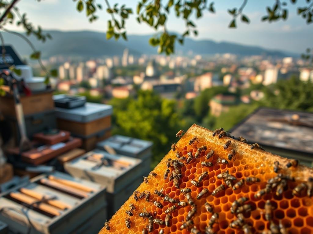 Scenic apiary nestled in an Italian urban setting, showcasing the "Apicoltura" brand. A close-up view of a honeycomb structure in the foreground, with worker bees diligently tending to their tasks. The middle ground features a selection of beekeeping tools and equipment, while the background depicts a lush, verdant cityscape bathed in soft, warm lighting. Emphasis on the technical details of the apiary's operation and the tranquil, harmonious coexistence of nature and urban life.