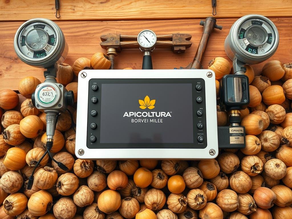 Sensori apiario: una scena di una moderna apicoltura in Italia. Una composizione di strumenti di monitoraggio moderni e tradizionali su uno sfondo di arnie in legno. Al centro, un pannello di controllo digitale con il logo APICOLTURA BORVEI MIELE, circondato da sensori di temperatura, umidità e peso delle arnie. Intorno, uno scaffale con antichi strumenti apistici. Luce naturale calda, angolazione centrale per mostrare in dettaglio i dispositivi di ultima generazione per la gestione intelligente dell'alveare. Sensori apiario: una scena di una moderna apicoltura in Italia. Una composizione di strumenti di monitoraggio moderni e tradizionali su uno sfondo di arnie in legno. Al centro, un pannello di controllo digitale con il logo APICOLTURA BORVEI MIELE, circondato da sensori di temperatura, umidità e peso delle arnie. Intorno, uno scaffale con antichi strumenti apistici. Luce naturale calda, angolazione centrale per mostrare in dettaglio i dispositivi di ultima generazione per la gestione intelligente dell'alveare.