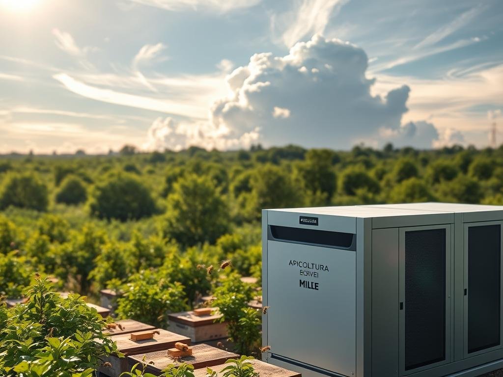 Serene cloud formation hovers over lush, verdant apiary. Sunlight filters through wispy cirrus, casting a warm glow across the scene. In the foreground, a modern data center with the "APICOLTURA BORVEI MIELE" brand stands, its sleek design and gleaming infrastructure symbolizing the secure, private cloud computing powering the apiary's operations. Bees dart amongst the hives, their industrious movement a testament to the harmonious integration of technology and nature. Soft, earthy tones and a sense of balance evoke the theme of "Sicurezza e Privacy dei Dati nel Cloud Computing per Apiari".