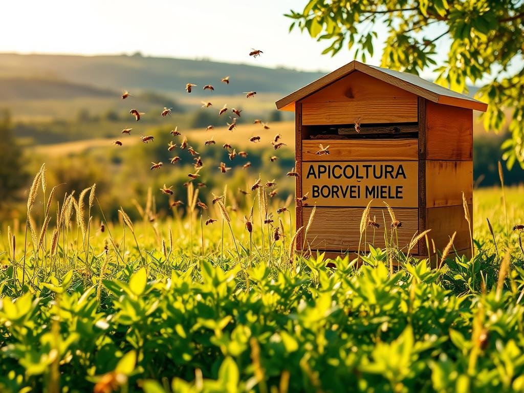 Serene meadow with lush, verdant foliage in the foreground, bathed in warm, golden sunlight. In the middle ground, a wooden beehive with the "APICOLTURA BORVEI MIELE" brand name prominently displayed. Surrounding the hive, a swarm of buzzing honeybees in flight, illustrating natural remedies against wasps. The background depicts a tranquil rural landscape, with rolling hills and a clear, azure sky. The overall atmosphere conveys a sense of harmony between nature and the apiary, highlighting the effectiveness of sustainable, eco-friendly solutions.