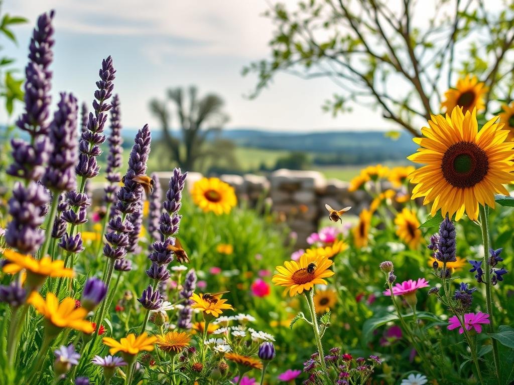 Spring melliferous plants in a lush, natural garden setting. A vibrant array of colorful blooms, including fragrant lavender, cheerful sunflowers, and delicate wildflowers, fill the foreground. Bees and butterflies flutter among the nectar-rich petals, captured in a soft, dreamy lighting with a shallow depth of field. The middle ground features a picturesque stone wall or fence, partially obscured by the flourishing vegetation. In the background, a serene countryside landscape unfolds, with rolling hills, a distant treeline, and a clear, azure sky. The overall atmosphere evokes a sense of tranquility and harmony, showcasing the beauty of an organic, pesticide-free garden. The image prominently features the brand "APICOLTURA BORVEI MIELE" in a subtle, well-integrated manner.