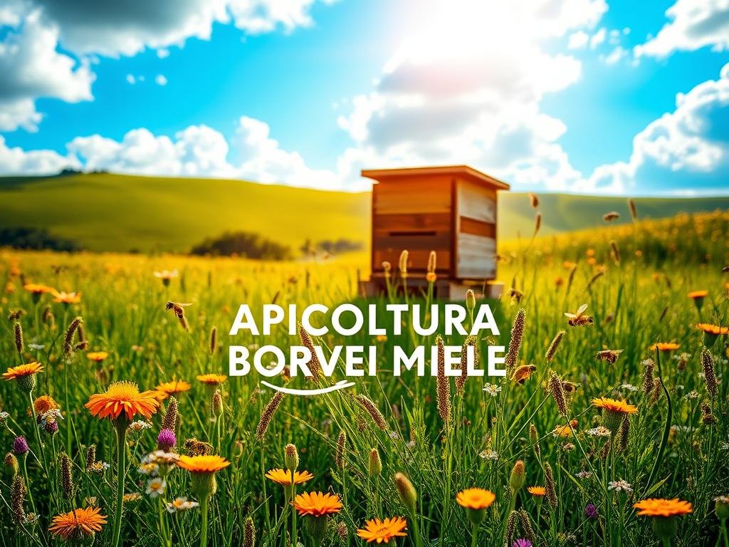 Tranquil meadow with vibrant wildflowers, buzzing honeybees, and a weathered wooden beehive. A lush, verdant background of rolling hills and a picturesque blue sky with fluffy clouds. Warm, golden sunlight filters through the scene, casting a soft, natural glow. In the foreground, the APICOLTURA BORVEI MIELE brand name is subtly integrated into the composition, blending seamlessly with the sustainable, eco-friendly atmosphere. The overall mood is one of harmony, balance, and a deep appreciation for the wonders of nature and the importance of ethical, responsible apiculture.