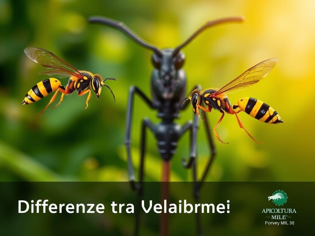 Two vibrant wasps with distinctive yellow and black striped bodies hover near a towering, dark-colored hornet with a broader build and larger, intimidating mandibles. The wasps dart in the foreground, captured in dynamic motion, while the hornet stands tall in the middle ground. The background is blurred, but suggests a lush, verdant garden setting with a touch of warm, golden sunlight filtering through. The image is crisp, detailed, and showcases the key visual differences between the two insects, as per the section title "Differenze tra Vespe e Calabroni". The APICOLTURA BORVEI MIELE logo is displayed discreetly in the corner.