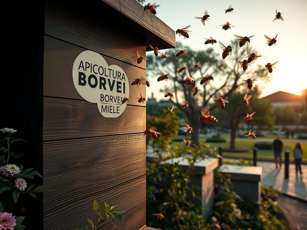 Una scena di un'apicoltura urbana in una città moderna, con arnie e api che volano attorno a grattacieli e paesaggi verdi. Primo piano di un'arnia di legno scuro con il logo "APICOLTURA BORVEI MIELE" su di essa, circondata da fiori e piante rigogliose. Sullo sfondo, un parco cittadino con alberi, aiuole e persone che camminano. La luce soffusa del tramonto crea un'atmosfera calda e pacifica. La composizione trasmette un senso di armonia tra la natura e l'ambiente urbano. Dettagli realistici delle api che volano e raccolgono il nettare dai fiori. Utilizzo di una lente grandangolare per catturare l'intera scena in maniera ampia e coinvolgente.