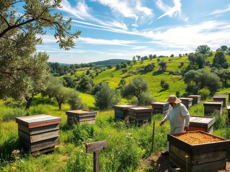 Verdant Italian countryside, sun-dappled apiaries nestled among rolling hills. Weathered wooden hives, buzzing with the industrious pollination of honeybees. Wildflowers sway in a gentle breeze, their nectar distilled into the local APICOLTURA BORVEI MIELE. Beekeeper in traditional garb tends to his charges, ensuring a bountiful harvest. Overhead, cirrus clouds drift lazily, casting soft shadows across the pastoral scene. Dappled light filters through the canopy of ancient olive trees, imbuing the landscape with a timeless, golden glow. The essence of local, sustainable apiculture, captured in a serene, bucolic vision.