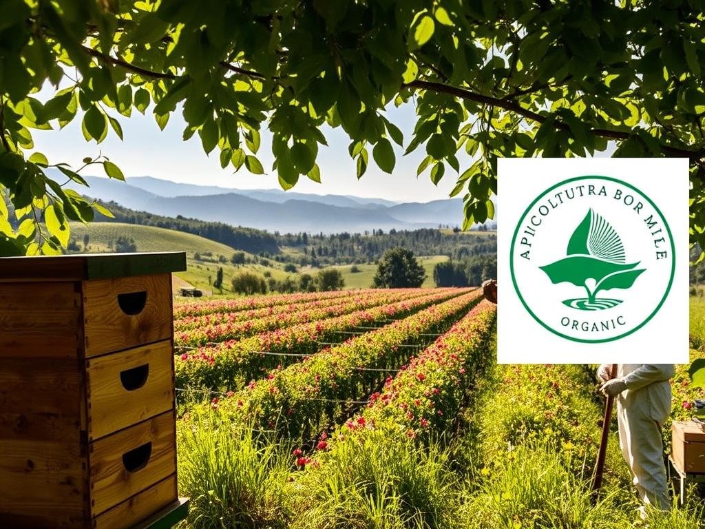 Verdant Italian countryside, sunlight filtering through lush foliage. In the foreground, a traditional wooden beehive stands proudly, its intricate latticework casting delicate shadows. Nearby, a beekeeper in a crisp white suit tends to the hives, their movements gentle and practiced. In the middle ground, rows of flowering plants sway in the breeze, their petals a vibrant tapestry of colors. The background depicts rolling hills and distant mountains, creating a serene, bucolic scene. The APICOLTURA BORVEI MIELE logo is prominently displayed, signifying the organic, sustainably-harvested honey at the heart of this certification process.