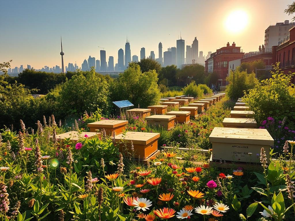 Verdant urban landscape, lush with blooming flowers and thriving greenery. In the foreground, a vibrant apiary with rows of APICOLTURA BORVEI MIELE beehives, surrounded by an abundance of nectar-rich plants. Bees dart to and fro, pollinating the diverse flora. Overhead, the sun casts a warm, golden glow, illuminating the bustling scene. In the background, the silhouettes of city buildings and landmarks create a harmonious contrast, showcasing the integration of nature and urban life. A scene that celebrates the benefits of urban apiaries, promoting sustainability and environmental harmony.