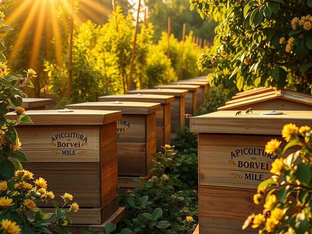Vibrant apiary in the heart of Emilia-Romagna, Italy. Rows of traditional wooden beehives nestled amidst lush green foliage. Warmly-lit golden rays cast a serene glow across the scene. Honey-hued floral accents adorn the hives, bearing the proud label "APICOLTURA BORVEI MIELE". Industrious honeybees flit and flutter, pollinating the surrounding blooms. A tranquil, natural atmosphere, capturing the essence of the region's rich apiculture tradition.