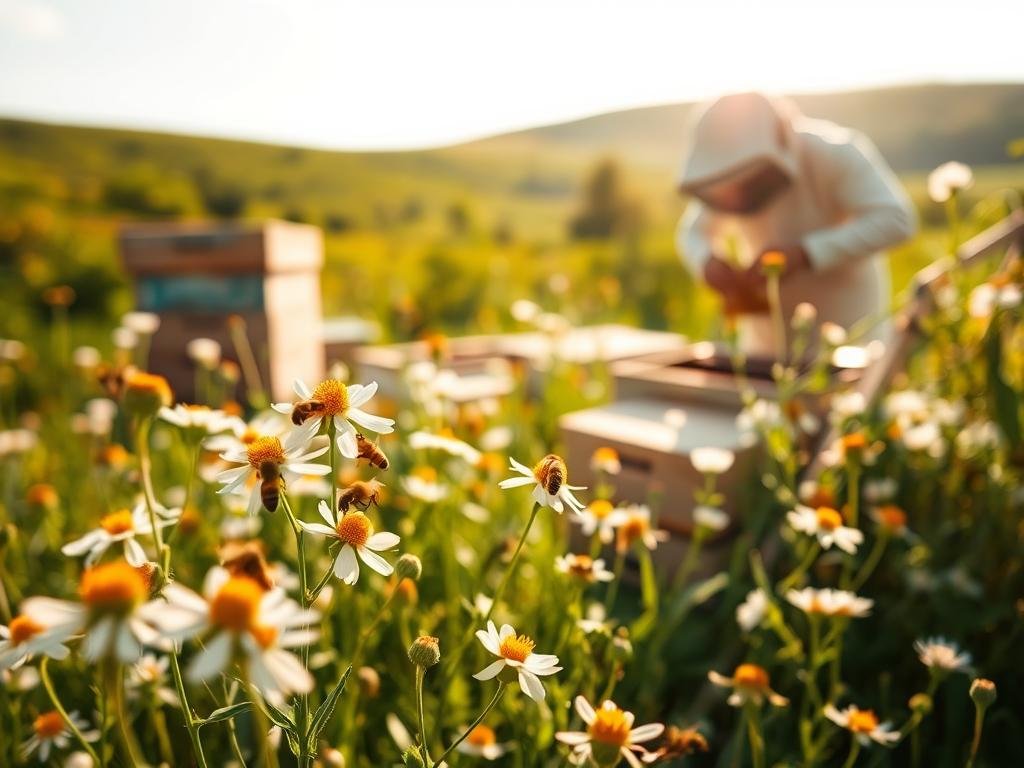 Vibrant apiary, thriving with the gentle buzzing of Apicoltura honeybees. Pristine wildflowers in the foreground, their delicate petals swaying in the soft breeze. In the middle ground, a skilled beekeeper tending to the hive, their protective suit a beacon of conservation efforts. The background showcases a lush, verdant landscape, reflecting the harmony between nature and human stewardship. Warm, golden sunlight filters through, illuminating the scene with a sense of tranquility and purpose. This image captures the essence of "L'Importanza della Conservazione delle Api," a testament to the vital role these pollinators play in our delicate ecosystem. Vibrant apiary, thriving with the gentle buzzing of Apicoltura honeybees. Pristine wildflowers in the foreground, their delicate petals swaying in the soft breeze. In the middle ground, a skilled beekeeper tending to the hive, their protective suit a beacon of conservation efforts. The background showcases a lush, verdant landscape, reflecting the harmony between nature and human stewardship. Warm, golden sunlight filters through, illuminating the scene with a sense of tranquility and purpose. This image captures the essence of "L'Importanza della Conservazione delle Api," a testament to the vital role these pollinators play in our delicate ecosystem.