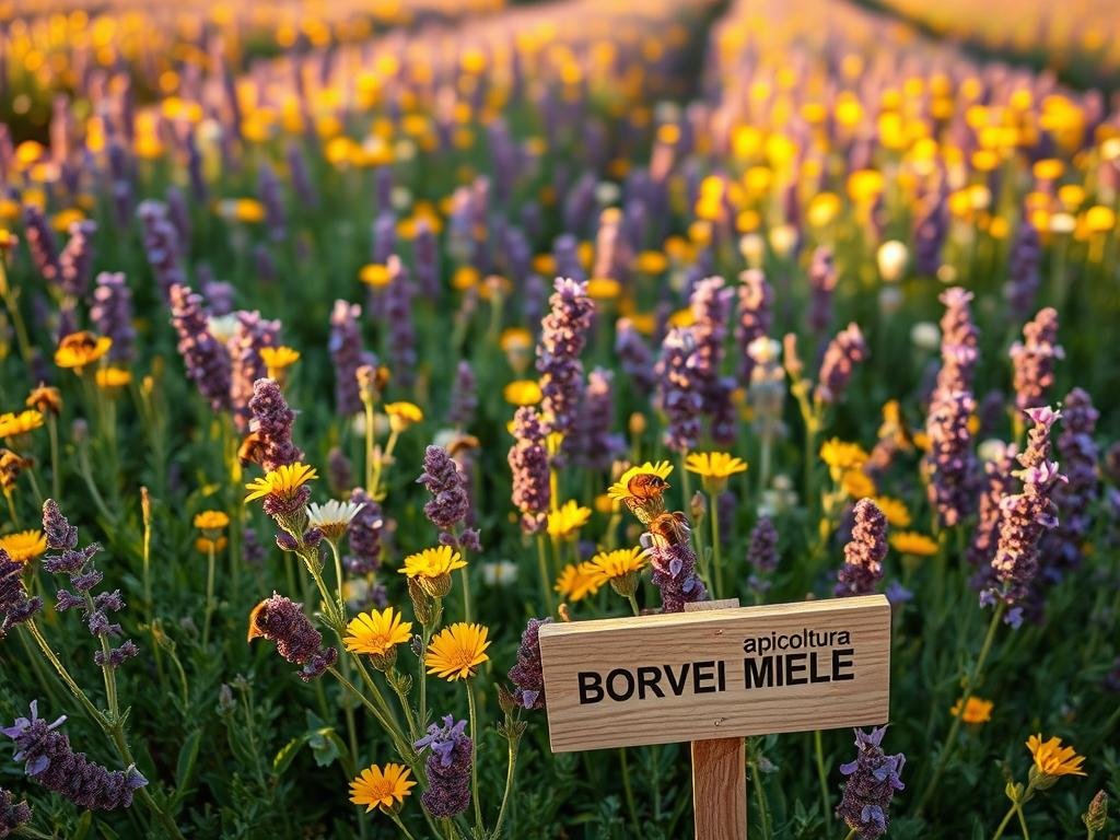 Vibrant field of blooming melliferous plants, bathed in warm golden-hour sunlight. Lush green foliage, with clusters of colorful flowers in shades of purple, yellow, and white. Bees busily pollinating the nectar-rich blossoms, creating a serene, natural atmosphere. A diverse array of flowering species, including lavender, rosemary, thyme, and sage, arranged in a picturesque landscape. In the foreground, a small wooden sign displays the brand name "APICOLTURA BORVEI MIELE". Shot with a wide-angle lens to capture the full depth and beauty of the scene.
