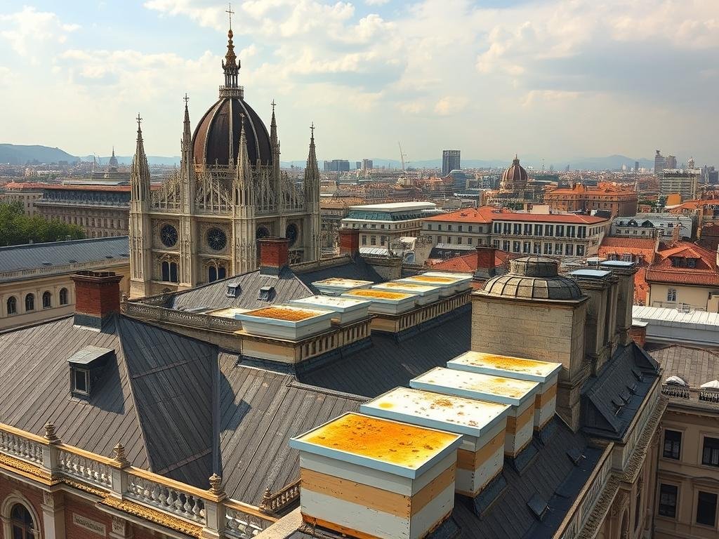 Visualizza Milano con alveari sui tetti del Duomo e altre aree urbane.