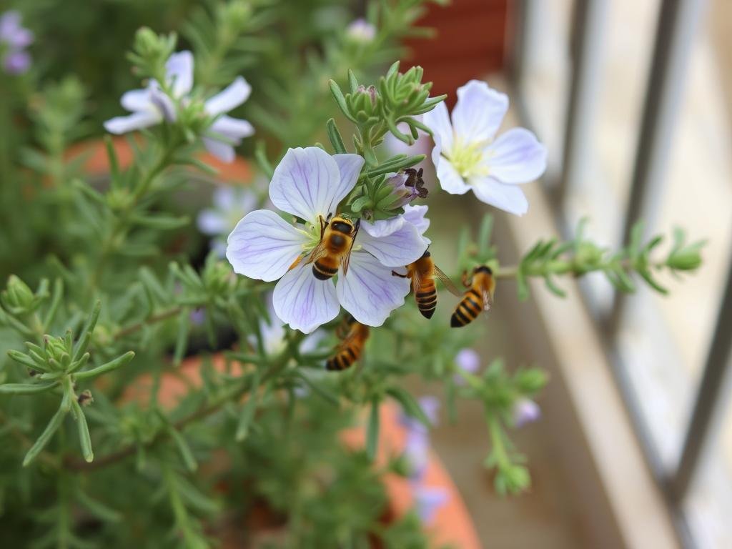 Visualizza un vaso di rosmarino fiorito su un balcone, con api che si nutrono dei suoi fiori.