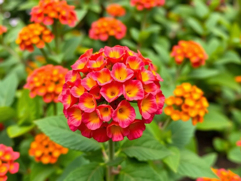Visualizza una lantana in fiore, con i suoi grappoli di fiori colorati che resistono al caldo estivo. Visualizza una lantana in fiore, con i suoi grappoli di fiori colorati che resistono al caldo estivo.