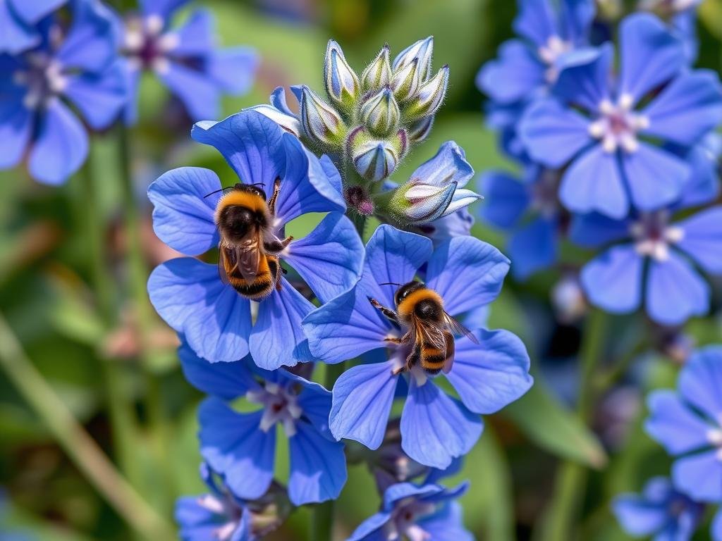 Visualizza una pianta di borragine in fiore, con api che visitano i suoi fiori blu.