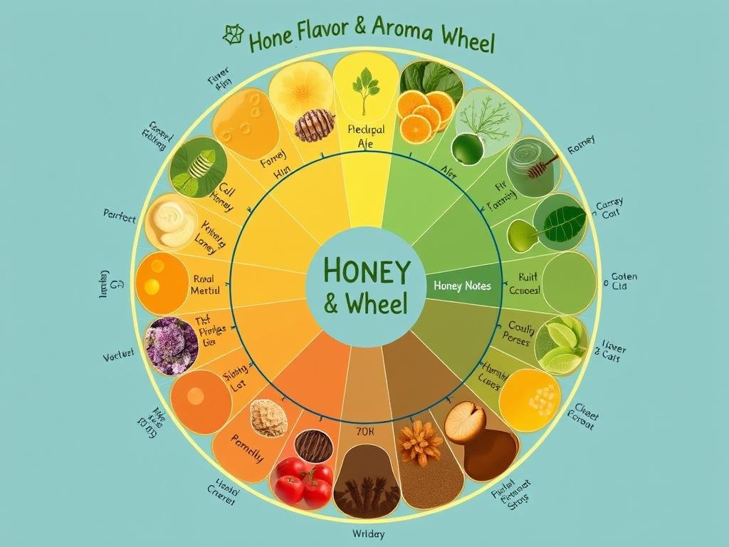 Visualizza una ruota degli aromi e dei sapori del miele, uno strumento utile per classificare le diverse note aromatiche e gustative del miele. Visualizza una ruota degli aromi e dei sapori del miele, uno strumento utile per classificare le diverse note aromatiche e gustative del miele.