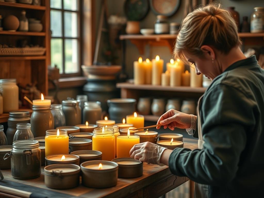 Visualizza una scena in cui la cera d'api viene utilizzata per creare candele artigianali. Visualizza una scena in cui la cera d'api viene utilizzata per creare candele artigianali.