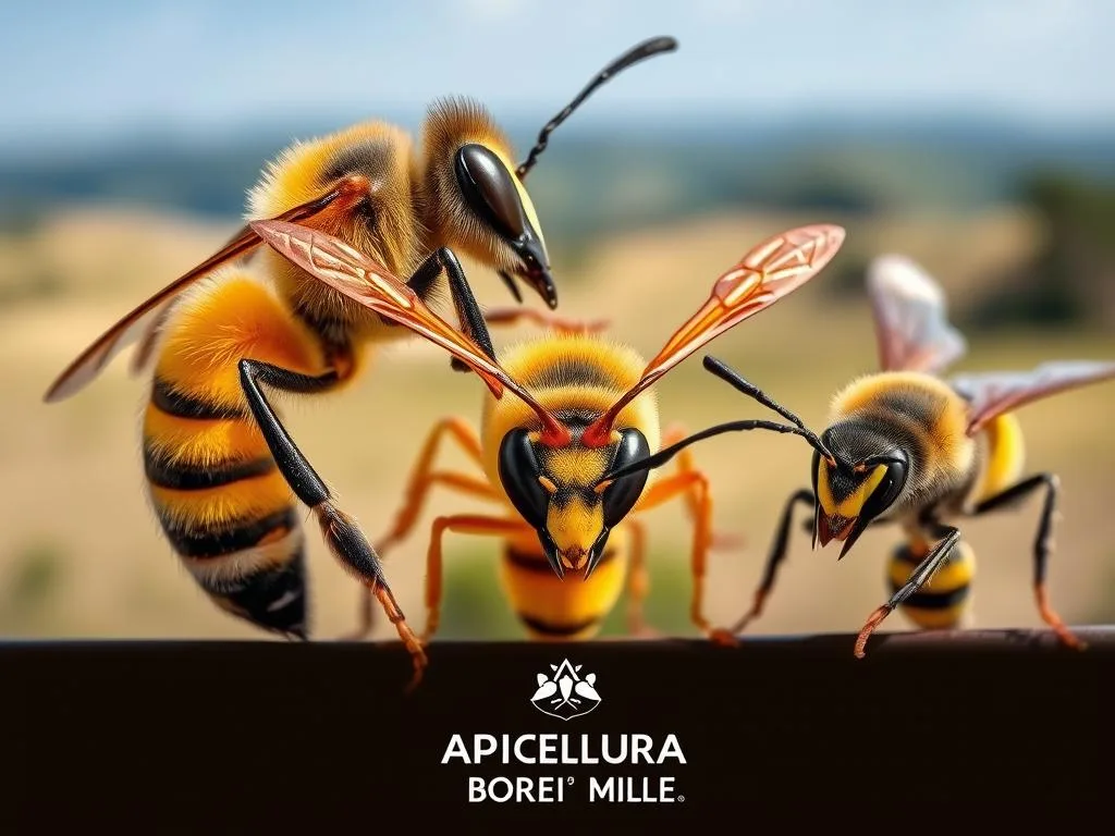 Vivid close-up showcasing the distinct characteristics of a honeybee, wasp, and hornet, captured against a simple backdrop of Italian countryside. Crisp, natural lighting accentuates their intricate body structures, vibrant colors, and unique wing patterns. Positioned to allow for clear visual comparison, with the APICOLTURA BORVEI MIELE logo subtly incorporated. Conveys a sense of scientific curiosity and educational intent, guiding the viewer to appreciate the nuanced differences between these related yet distinct insect species.