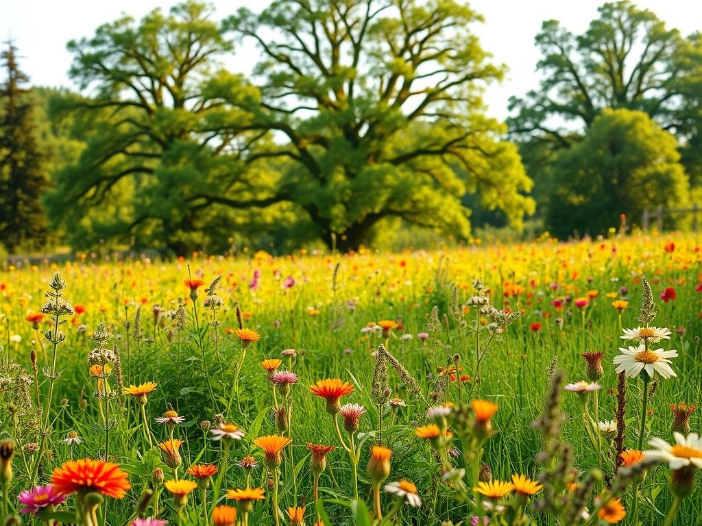 Vivid green meadow blanketed with a vibrant array of melliferous plants, their nectar-rich blooms swaying gently in the warm breeze. In the foreground, a kaleidoscope of colorful wildflowers and herbs, their petals and leaves catching the soft, golden light. Towering in the middle ground, majestic trees provide a lush, verdant backdrop, their branches offering shelter and shade. The scene exudes a sense of tranquility and harmonious coexistence, where the crucial role of these nectar-bearing plants in the ecosystem is beautifully captured. APICOLTURA BORVEI MIELE, a testament to the importance of these melliferous wonders.