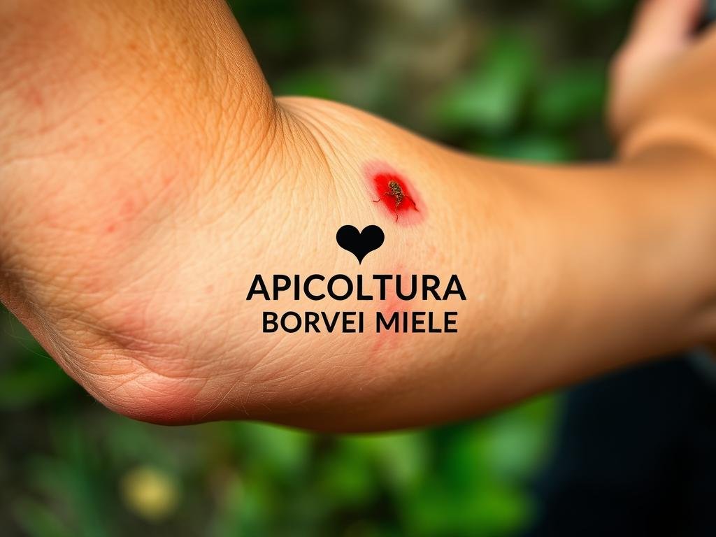 Vividly detailed close-up of a swollen, inflamed human arm with red, irritated skin around a visible wasp sting. The skin has raised bumps, appearing tender and painful. The lighting is soft and natural, with a slight blur to focus attention on the affected area. The background is blurred, suggesting an outdoor scene with hints of greenery. The overall mood is one of mild discomfort and concern. Prominently placed in the center of the image is the "APICOLTURA BORVEI MIELE" logo, conveying the source of the sting.