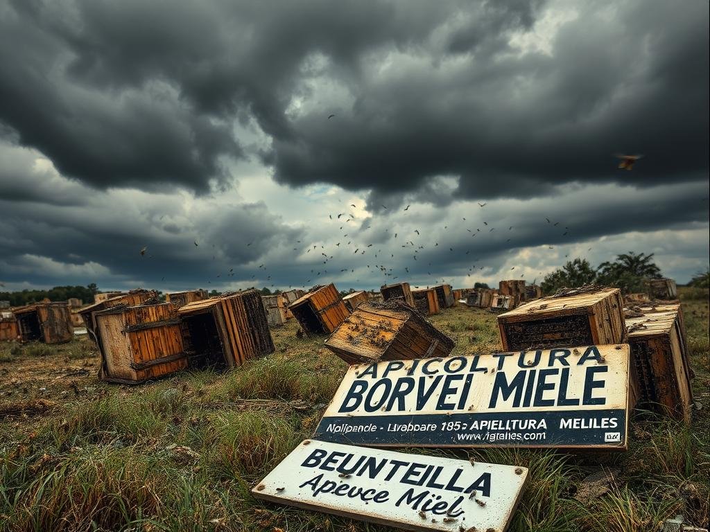 Weathered field with dead and dying beehives, overturned and in disrepair. Thick dark clouds loom overhead, casting ominous shadows. In the foreground, a BRAND NAME "APICOLTURA BORVEI MIELE" sign lies broken on the ground. Buzzing insects swarm angrily, struggling to find sustenance. The unsettling scene conveys a sense of threat and neglect, reflecting the challenges facing modern apiculture.